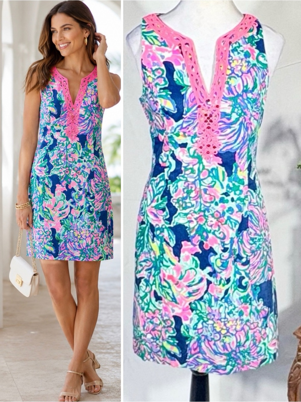 Lilly Pulitzer Ryder Seaside Allure 
Corded Beaded Floral Shift Dress Sz 2🧡